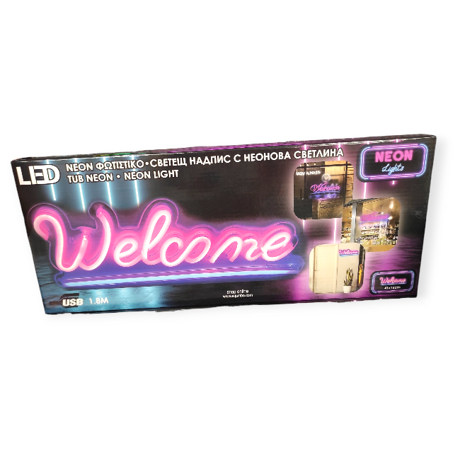 Üdvözöljük neon LED feliratlámpa rózsaszín-kék színben, USB csatlakozással – 41 cm