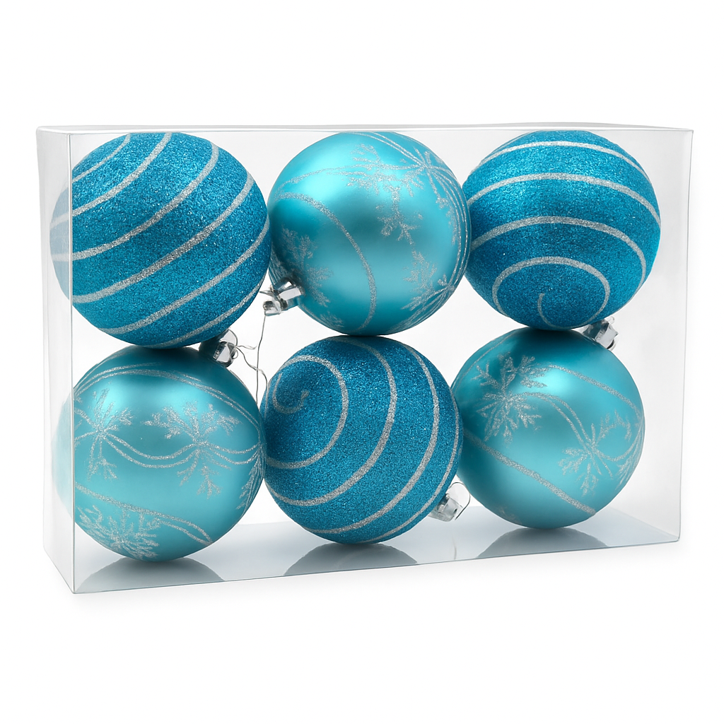 Türkiz karácsonyfagömb szett hópehely és csíkos mintával – 8 cm – 6 dbl – 23,5x8x15,5 cm