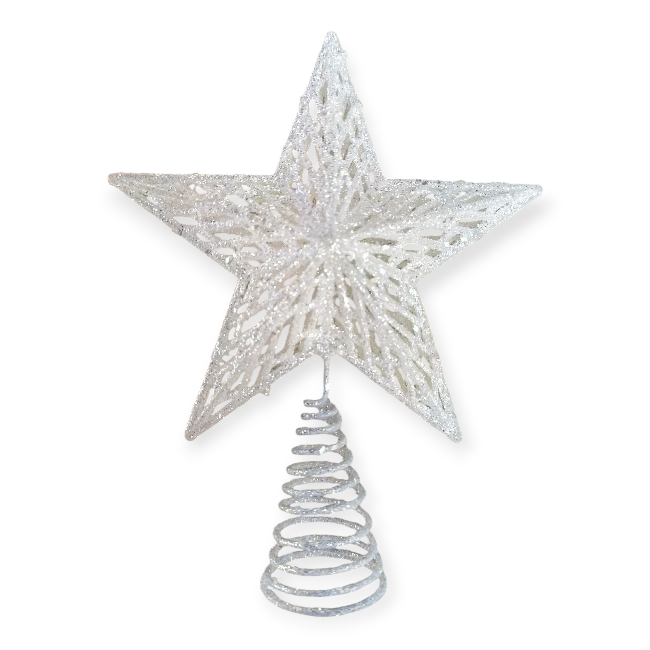 Fehér irizáló 3D csillag karácsonyfa csúcsdísz – 24 cm