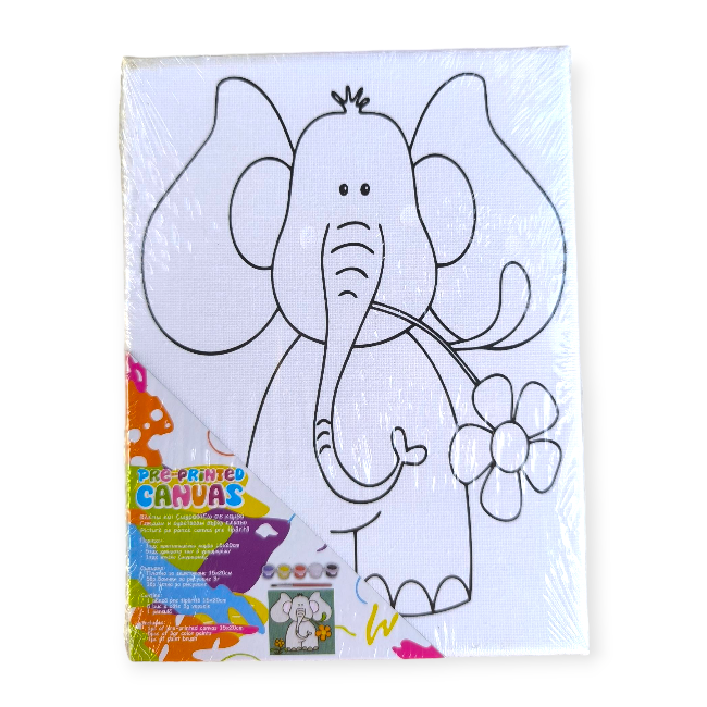 Elefántos akrilfestő készlet vászonnal – 15×20 cm, ecsettel és festékekkel