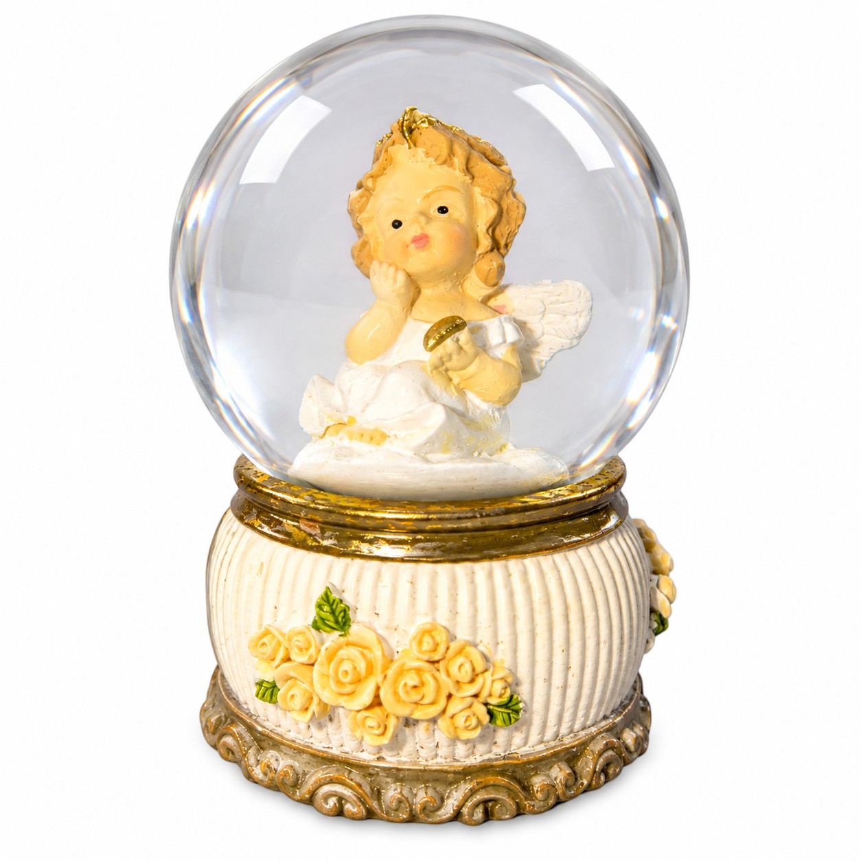 Angyalkás karácsonyi hógömb rózsás talpon (6 cm)
