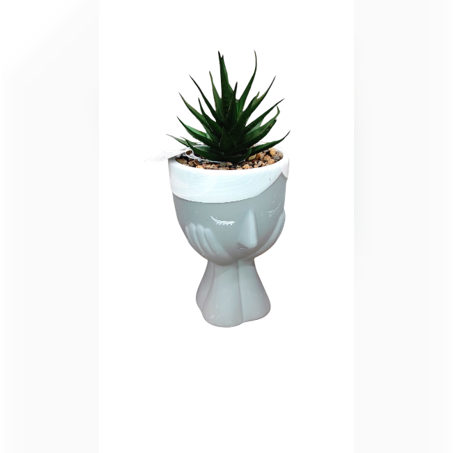 Lány arcú szürke kaspó művirággal – 7,8x18 cm, elegáns lakásdekoráció
