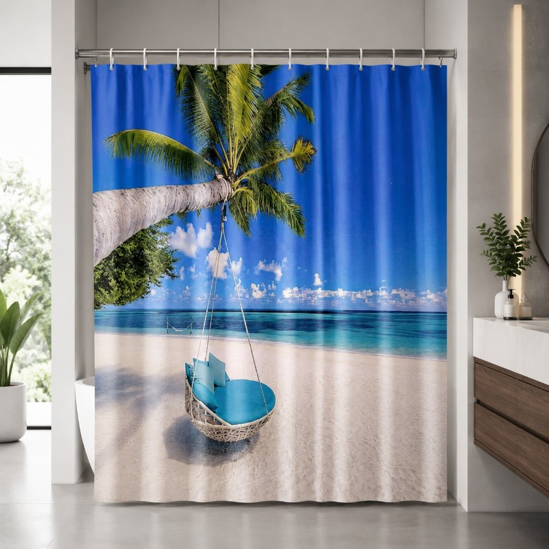 Strand mintás PEVA zuhanyfüggöny 180x180 cm gyűrűkkel