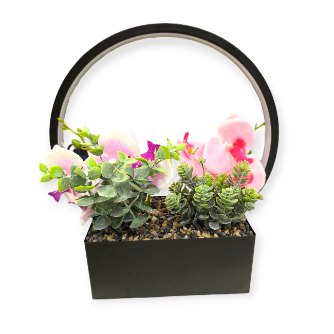Dekoratív cserép LED-es orchideákkal és pozsgásokkal – USB-s, 30×10×30 cm