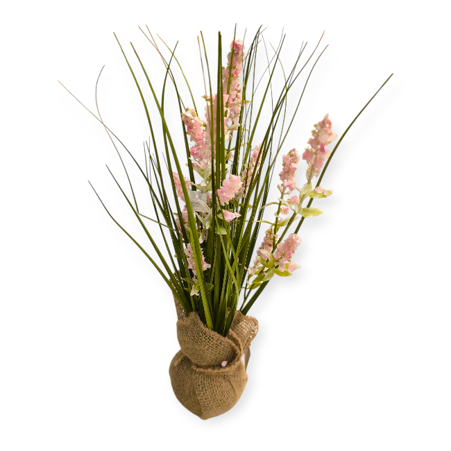 Dekoratív cserép mesterséges rózsaszín levendulával – 40 cm, jutaborítással