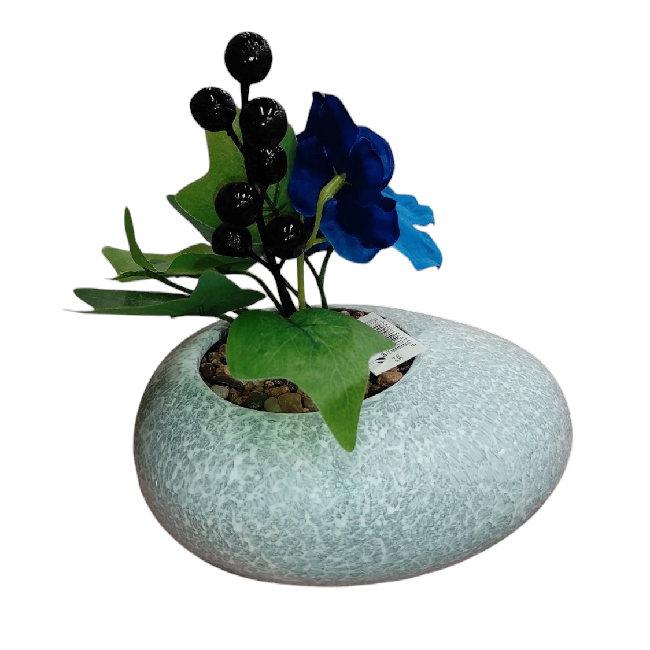 Kő alakú edény kék növénnyel és virággal – 14,5x12x17 cm, dekoratív lakásdekor