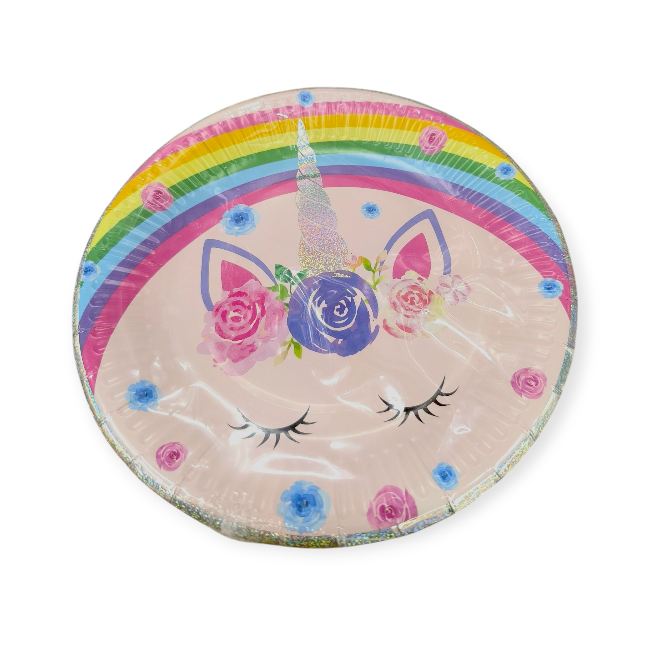 Unikornisos szivárványos papír partitányérok – 18 cm, 6 db