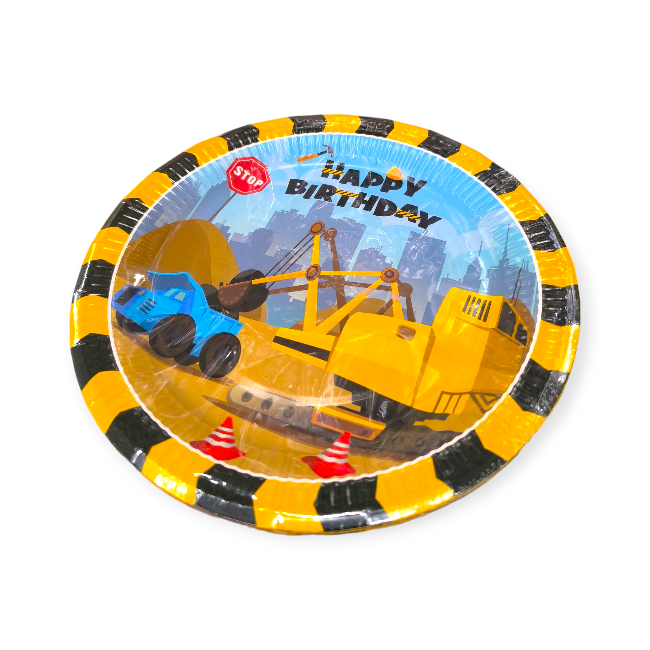 Karton parti tányérok építkezési járműves mintával – „Boldog születésnapot”, 23 cm, 10 db