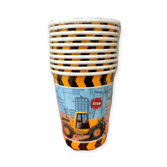 Karton parti poharak építkezési járműves mintával – kék-sárga, 240 ml, 10 db