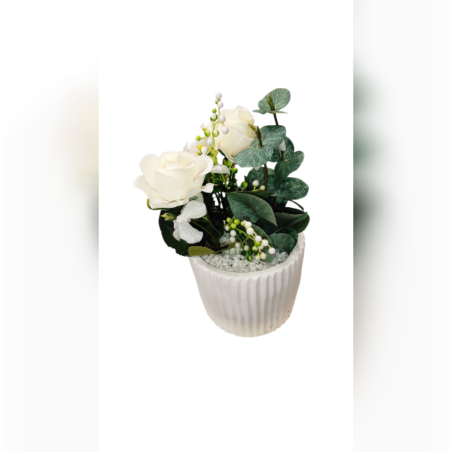 Fehér rózsás művirág fehér cserépben – 11x21 cm, elegáns otthoni dísz