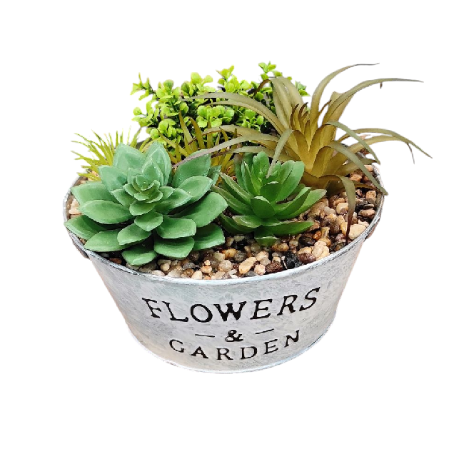 Dekoratív fém edény művirágokkal – 18x16,5 cm, elegáns lakásdekoráció
