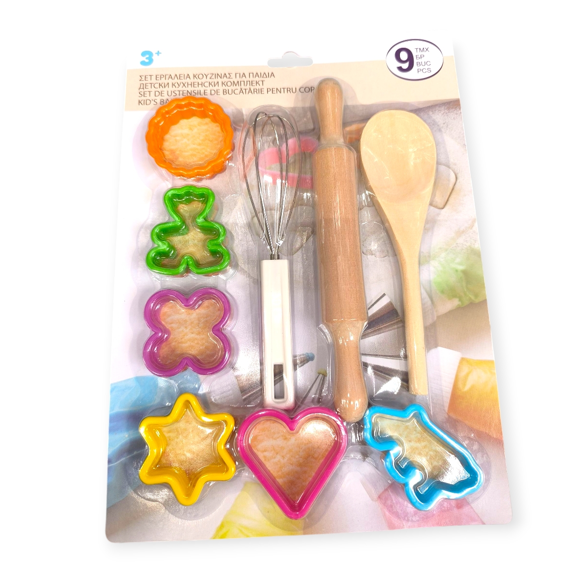Cukrászkészlet gyerekeknek – 9 darabos sütőszett fa eszközökkel és kekszformákkal