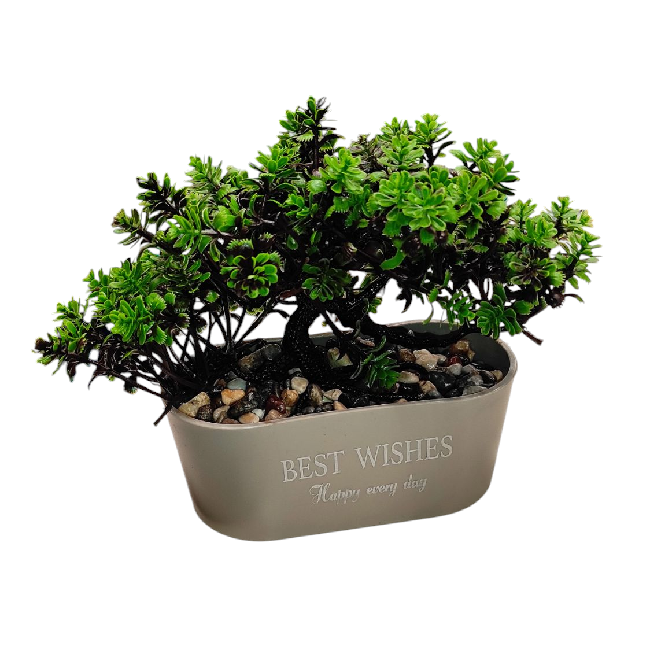 Mesterséges Bonsai ovális szürke edényben – 15x7x17 cm, modern lakásdekoráció