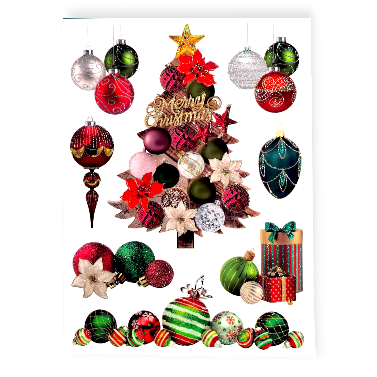 Csillogó vintage gömbös karácsonyi ablakmatrica – karácsonyfa 20×30 cm