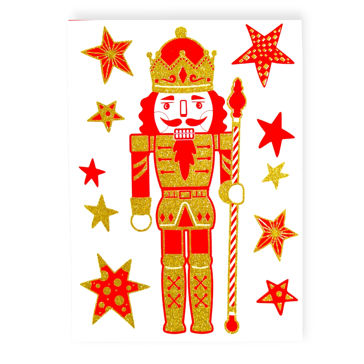 Karácsonyi dekoratív ablakmatrica – Diótörő és piros csillag arany csillámos 20×27 cm