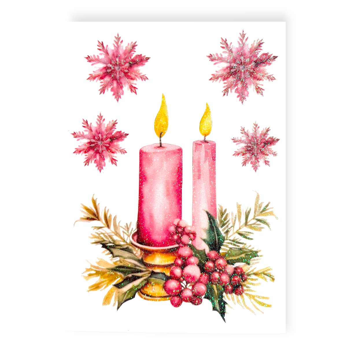 Rózsaszín csillámos gyertyás és hópelyhes karácsonyi ablakmatrica – 20×27 cm