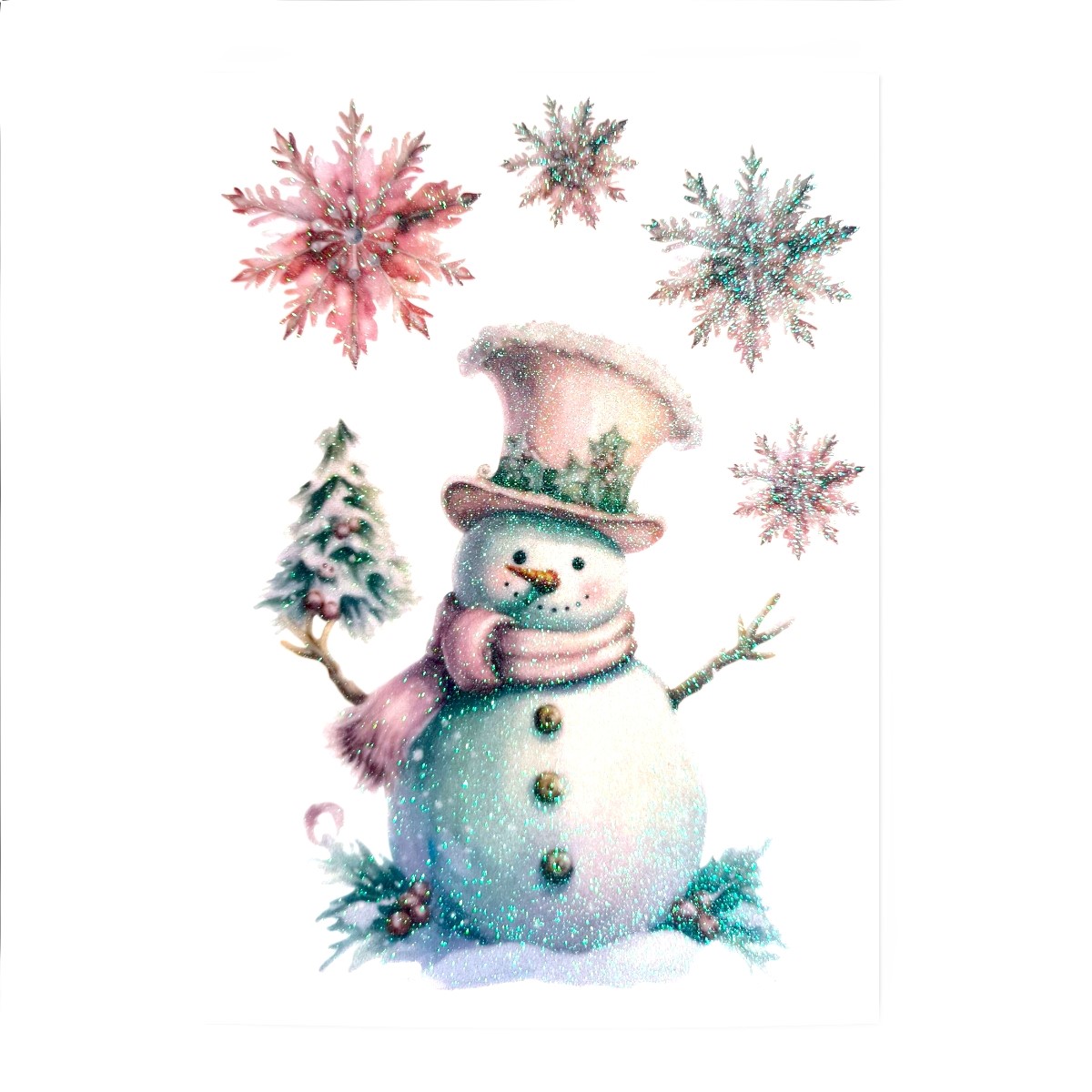 Rózsaszín csillámos hóemberes karácsonyi ablakmatrica – 20×27 cm