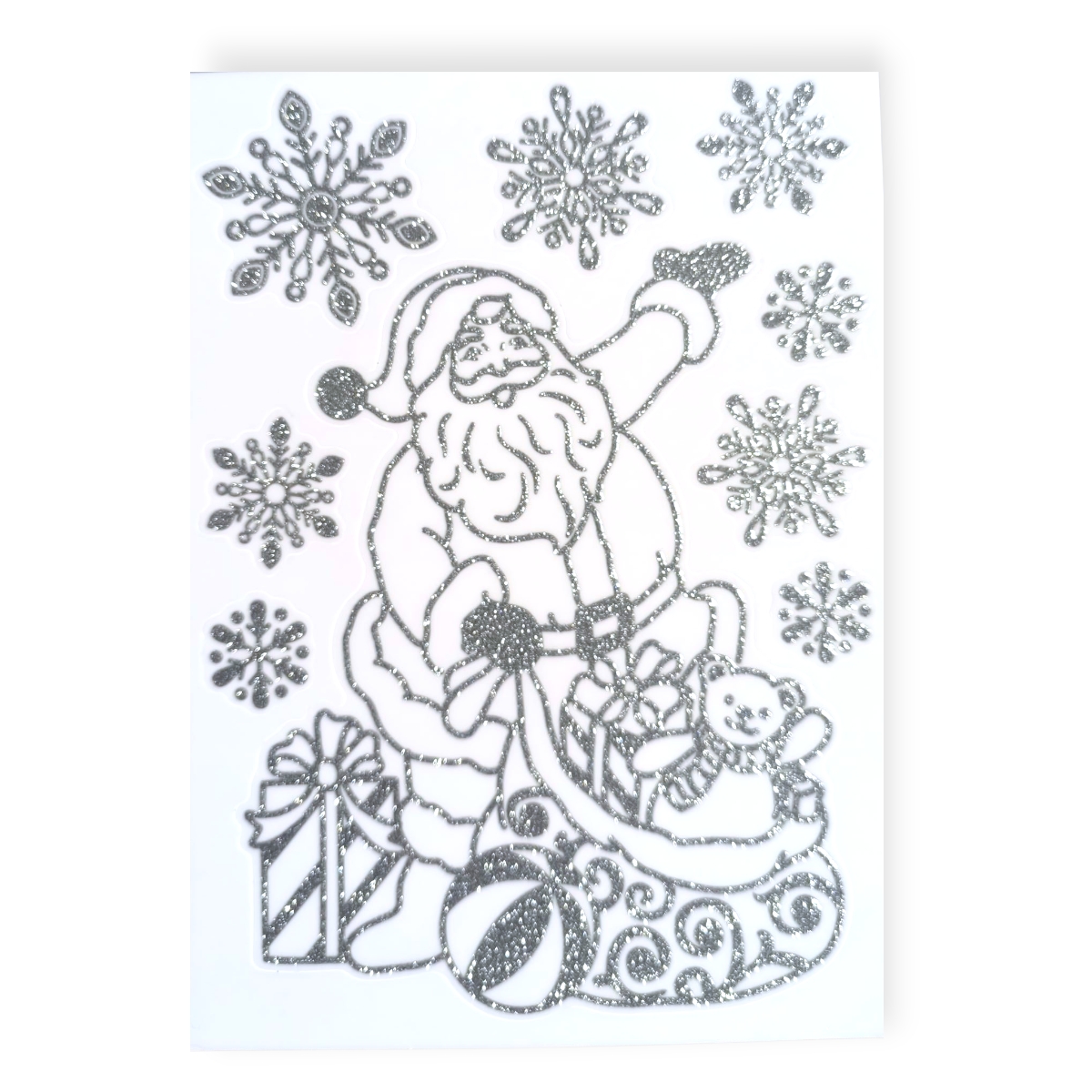 Ezüst csillámos Mikulásos karácsonyi ablakmatrica – ajándéktáskával 20×27 cm