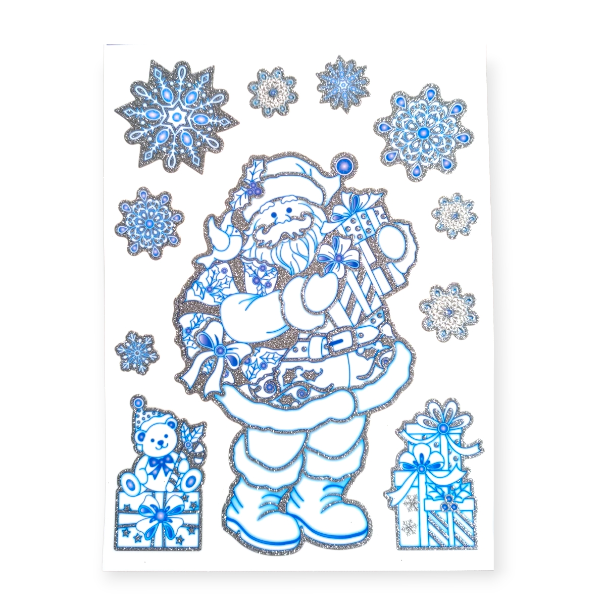 Ezüst Sky Glitter karácsonyi ablakmatrica – Mikulás és ajándékok 22×32 cm