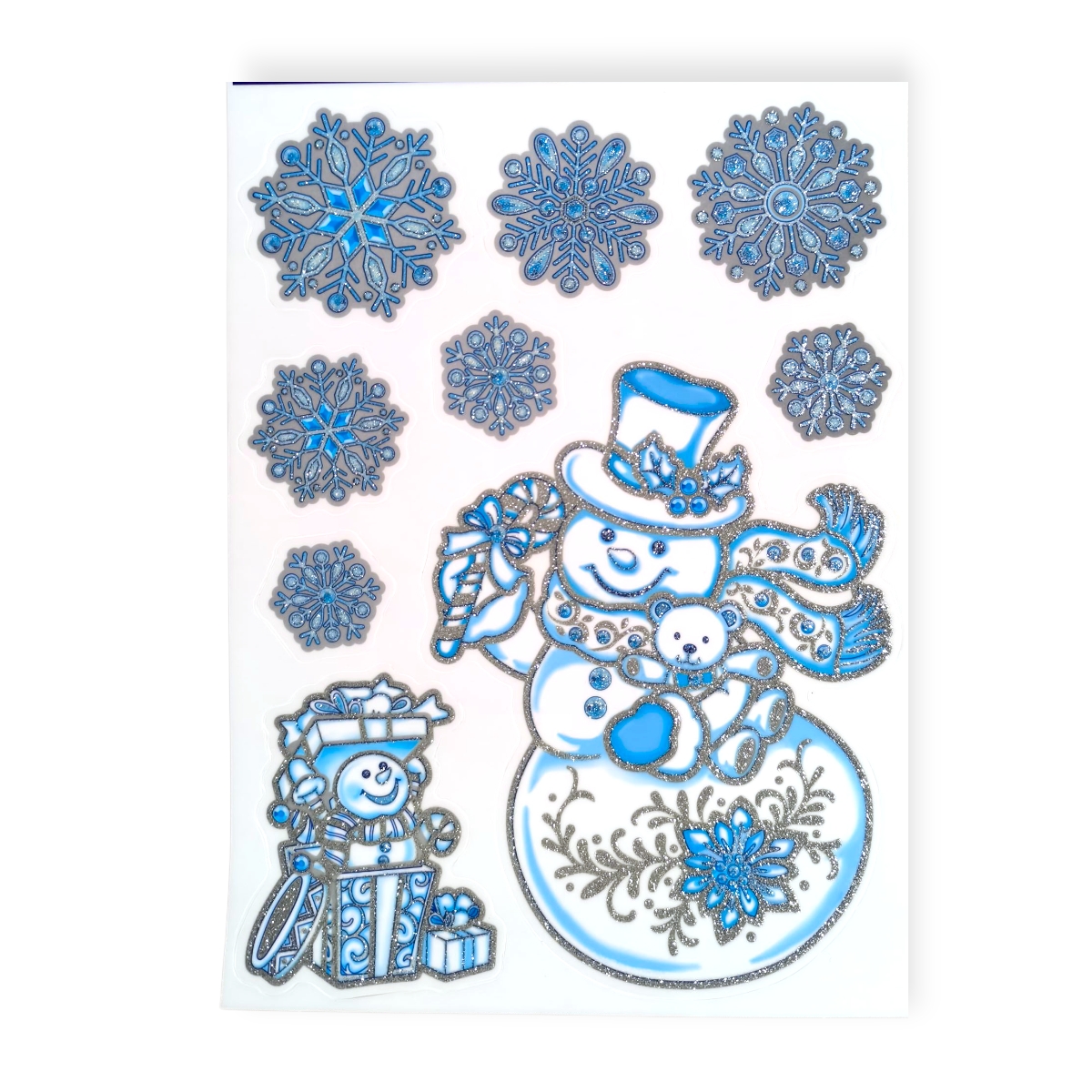 Karácsonyi ablakmatrica hóemberrel és ajándékokkal – ezüst égbolt dekor 20×30 cm