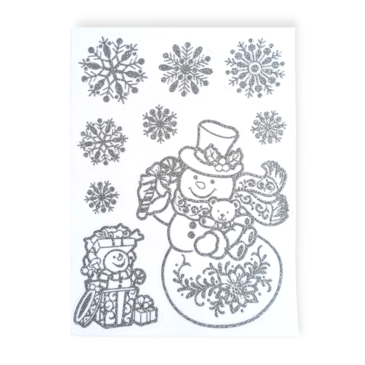 Ezüst csillogó hóemberes karácsonyi ablakmatrica – 30×20 cm