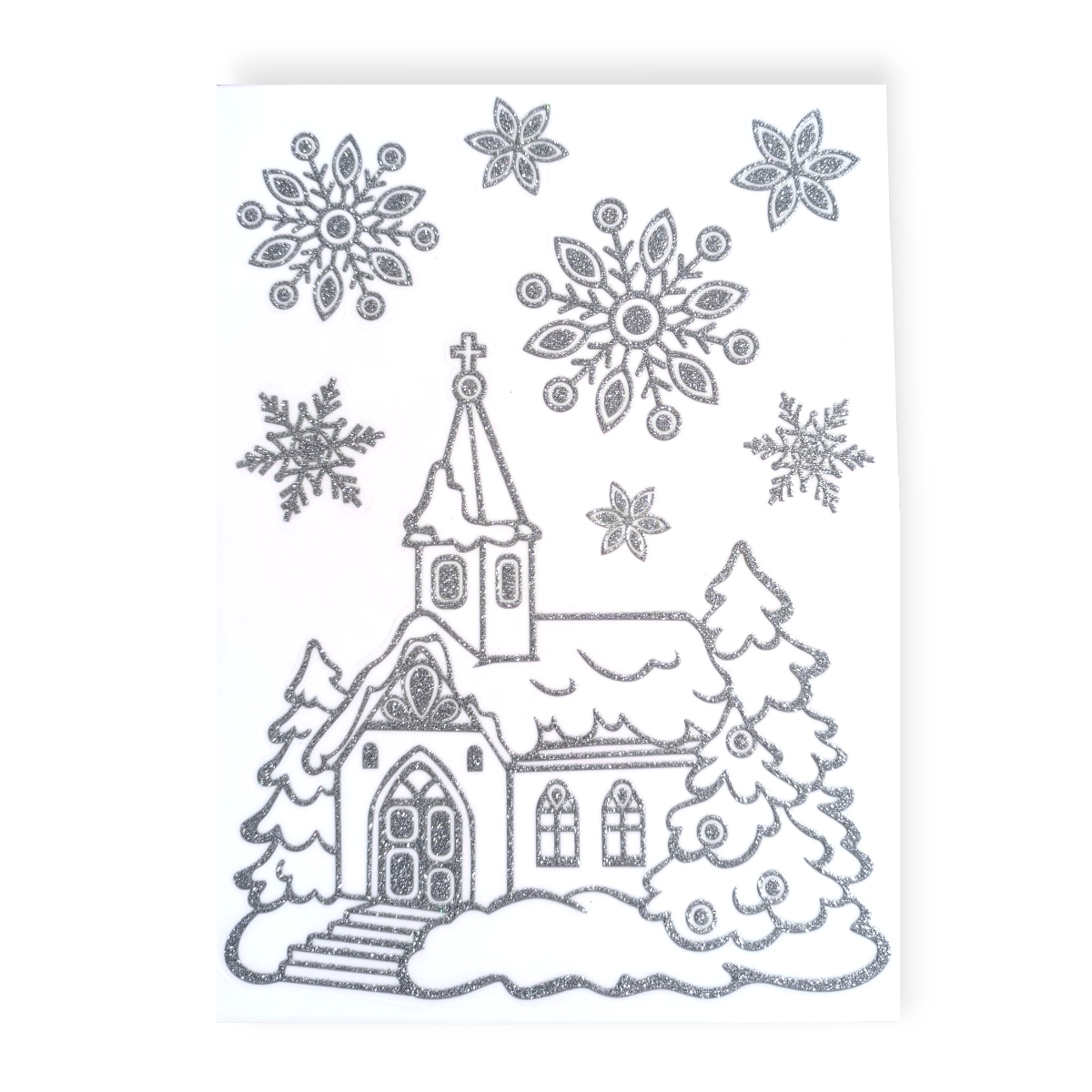 Csillogó ezüst hópelyhes karácsonyi ablakmatrica – templom motívummal 20×30 cm