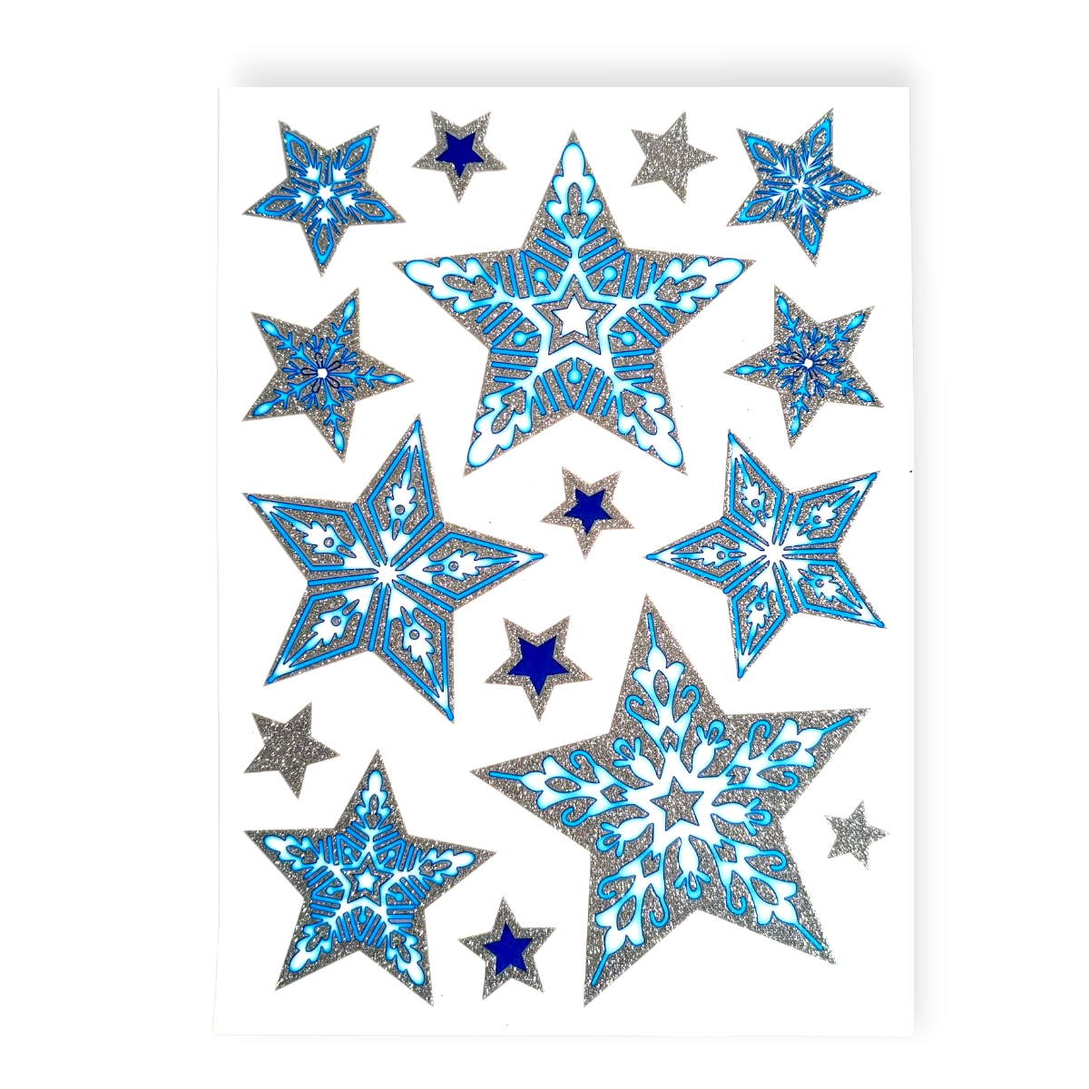 Kék-ezüst csillagos karácsonyi ablakmatrica – csillogó 20×30 cm