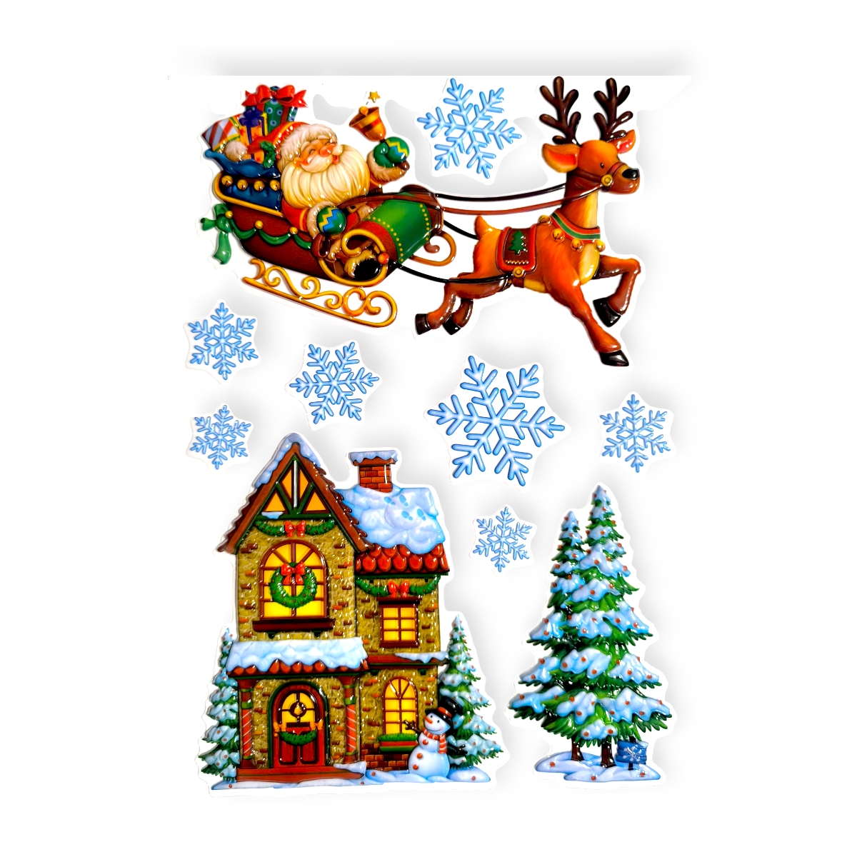 Színes házikós karácsonyi ablakmatrica – szán motívummal 29×41 cm