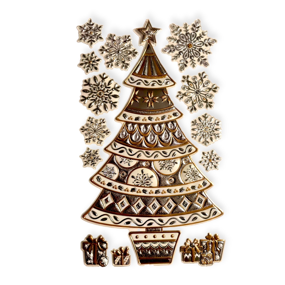 Arany-ezüst karácsonyi ablakmatrica – fenyőfa és hópelyhek 24×41 cm dekor