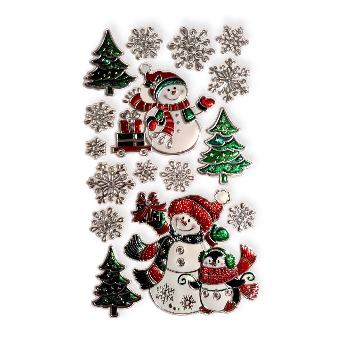 Karácsonyi ablakdekor színes hóember, pingvin és hópelyhek motívummal – 24×41 cm