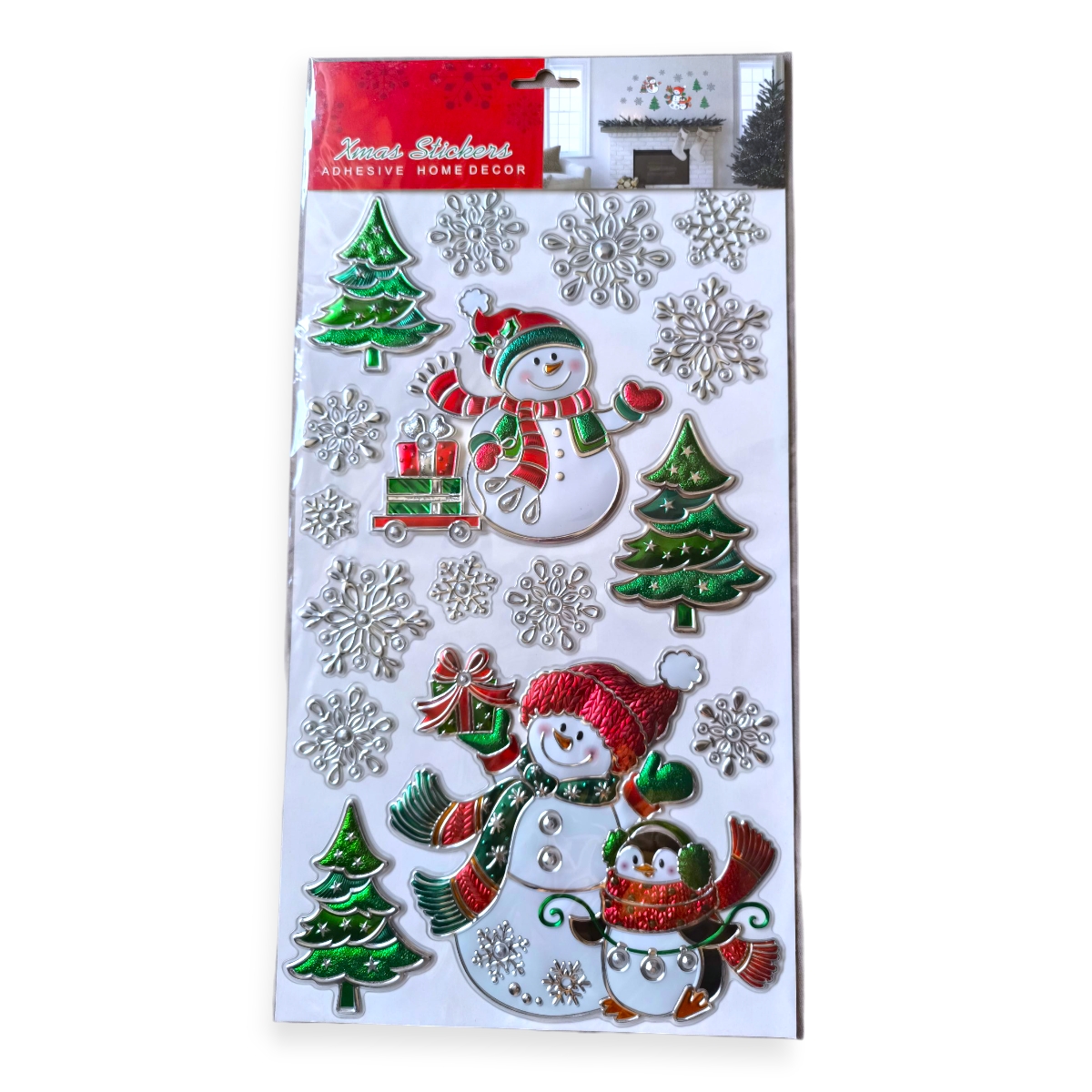 Karácsonyi ablakmatrica színes hóember pingvin hópelyhek 24×41 cm