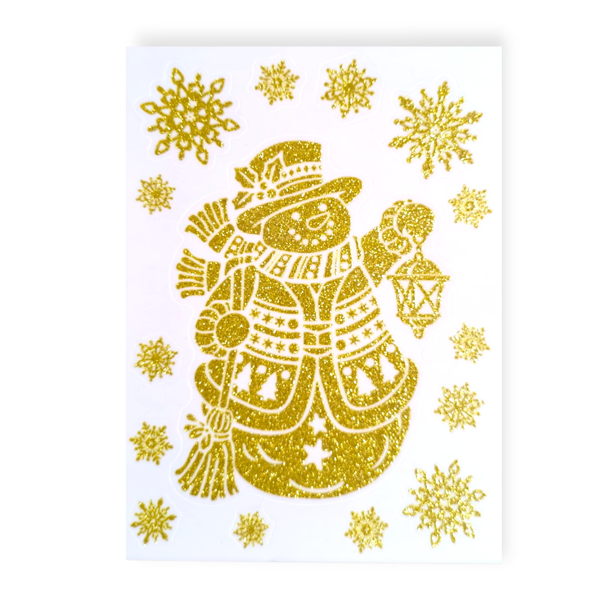 Karácsonyi ablakmatrica arany hóember és hópelyhek mintával – csillogó 20×30 cm