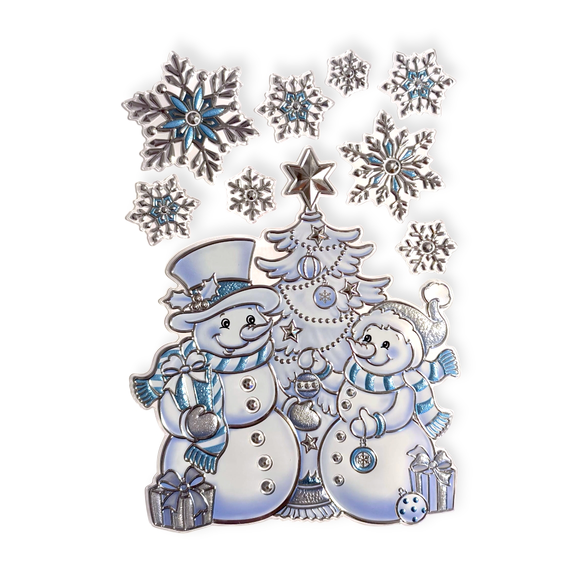 Hóemberes karácsonyi ablakmatrica – fenyő és kék-ezüst hópelyhek 21×31 cm