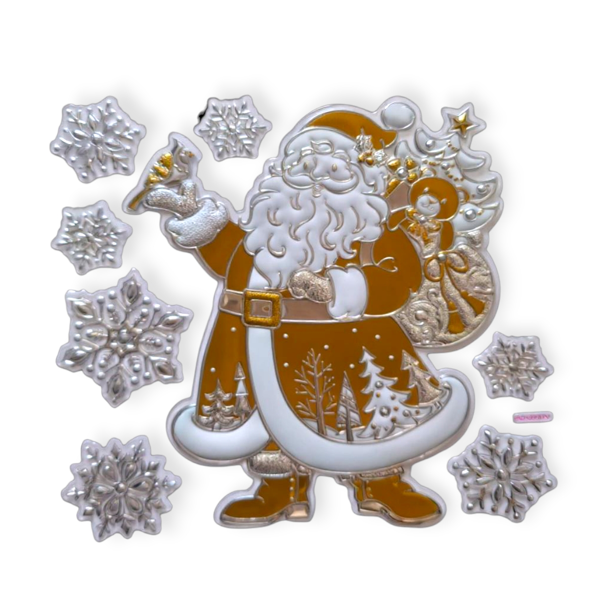 3D karácsonyi ablakmatrica Mikulással és hópelyhekkel 17,5×18 cm