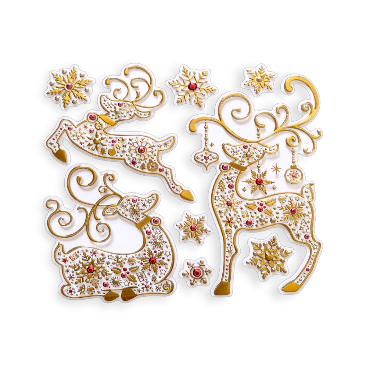 Arany rénszarvas karácsonyi ablakmatrica hópelyhekkel 18x18 cm