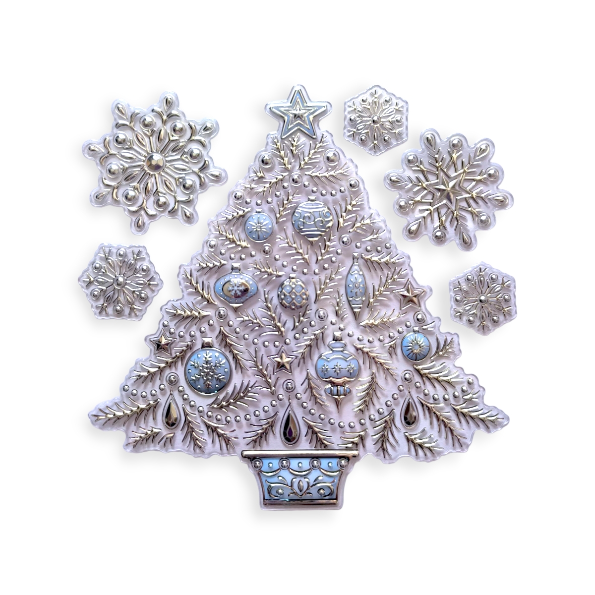 Karácsonyi ablakmatrica – Ezüst fenyő és hópelyhek 18x23cm