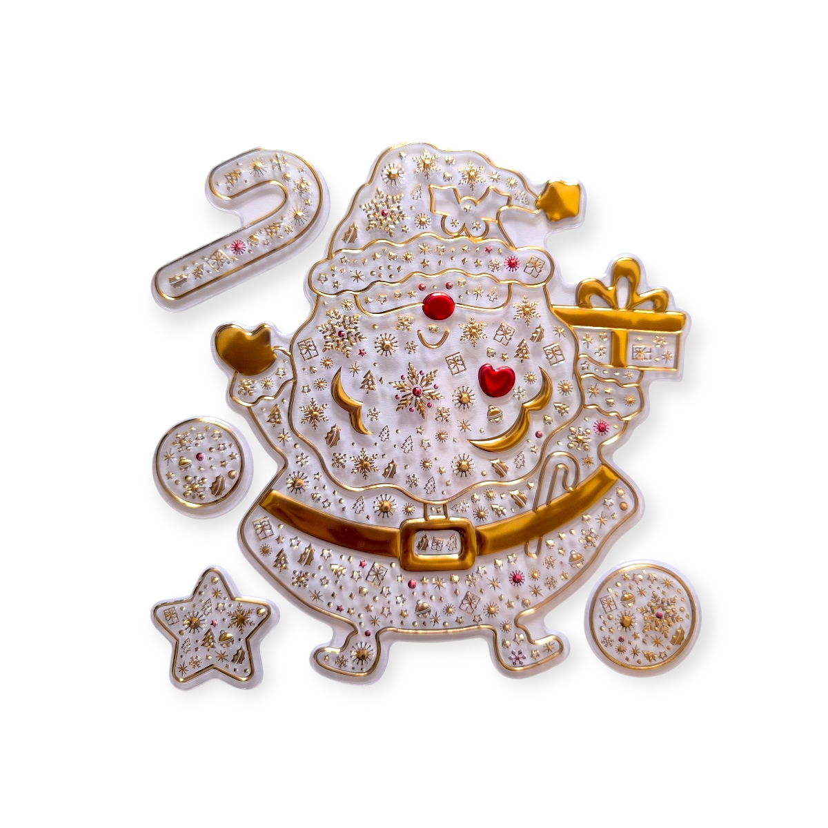 Karácsonyi ablakmatrica – Arany mikulás ajándékokkal és díszekkel 18x23cm