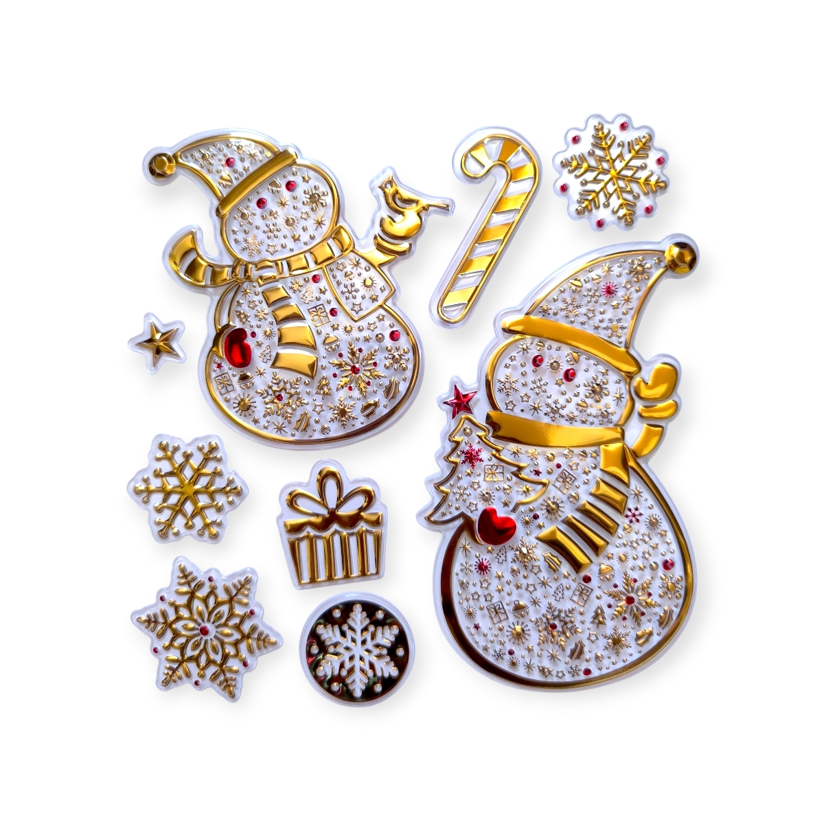 Karácsonyi ablakmatrica – Hóember arany ajándékokkal és díszekkel 18x18cm