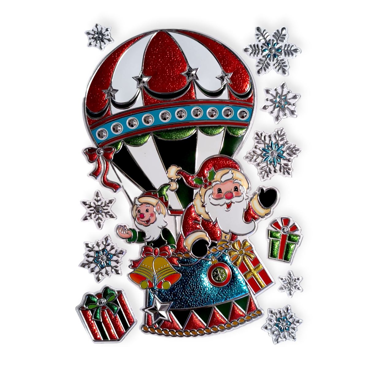 Mikulás légballonnal és ajándékokkal – karácsonyi ablakmatrica 21×30 cm