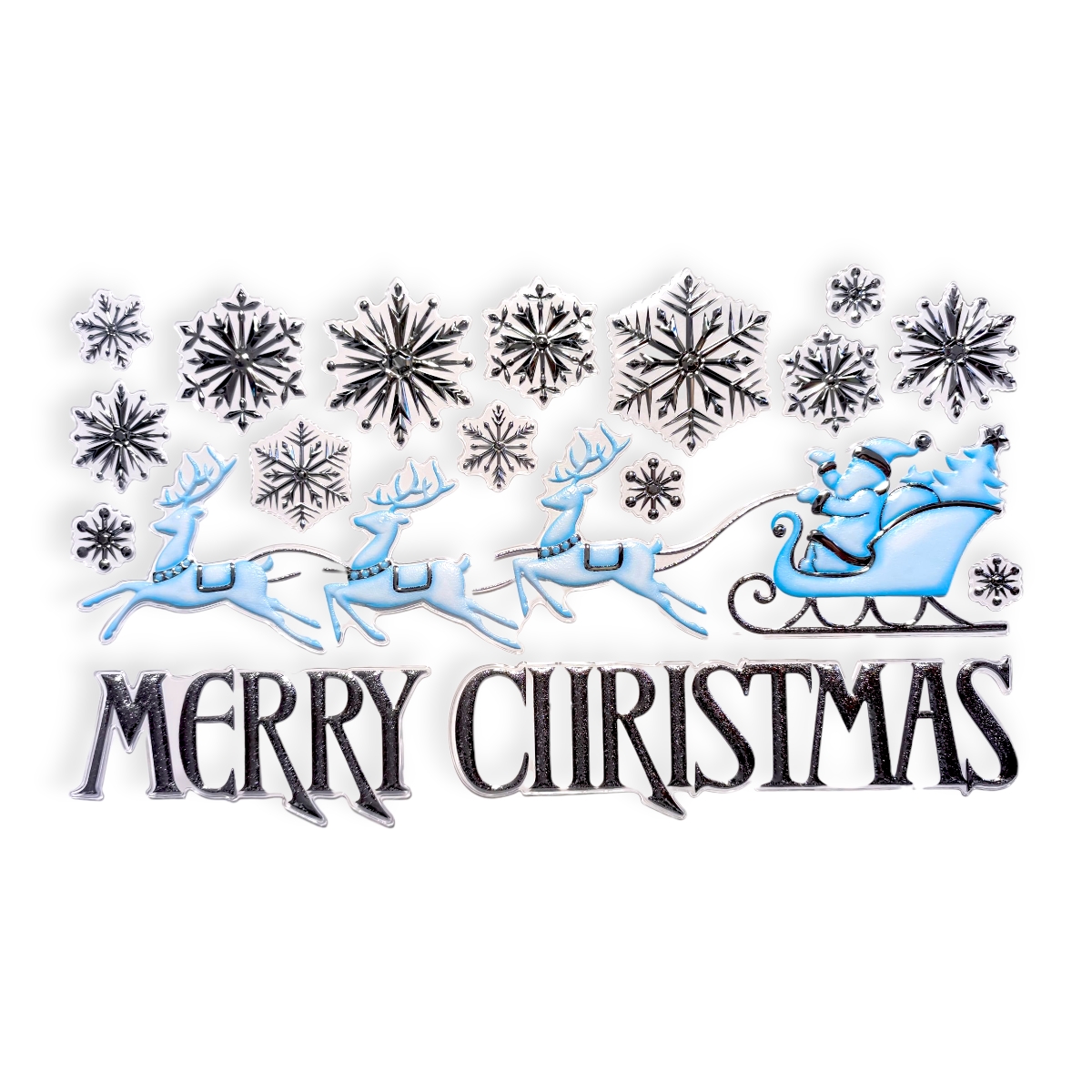 Ezüst karácsonyi ablakmatrica – rénszarvasok, szán és Boldog Karácsonyt dekor 24×47 cm