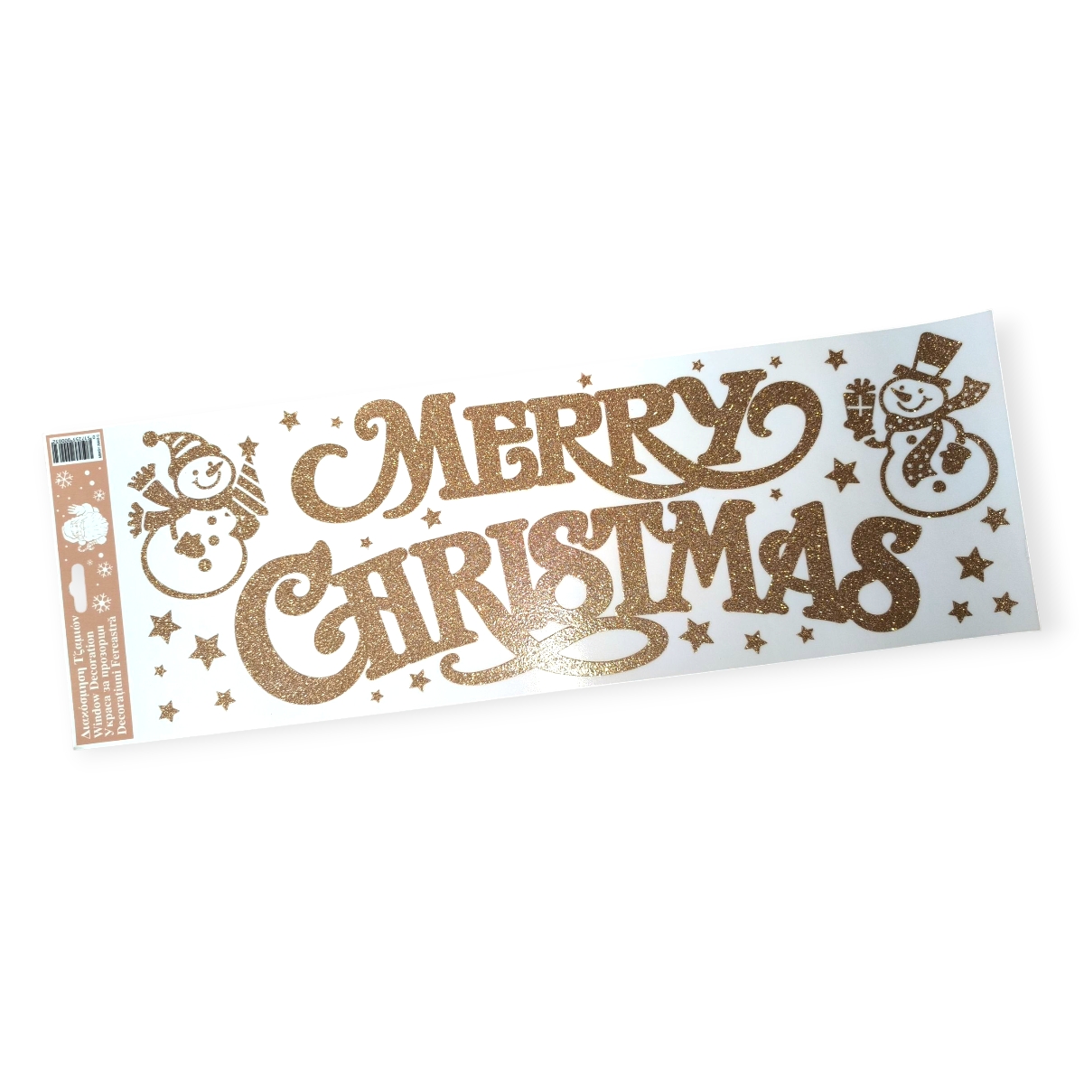 Karácsonyi ablakmatrica – Bronz csillogó Merry Christmas hóember 20x60cm