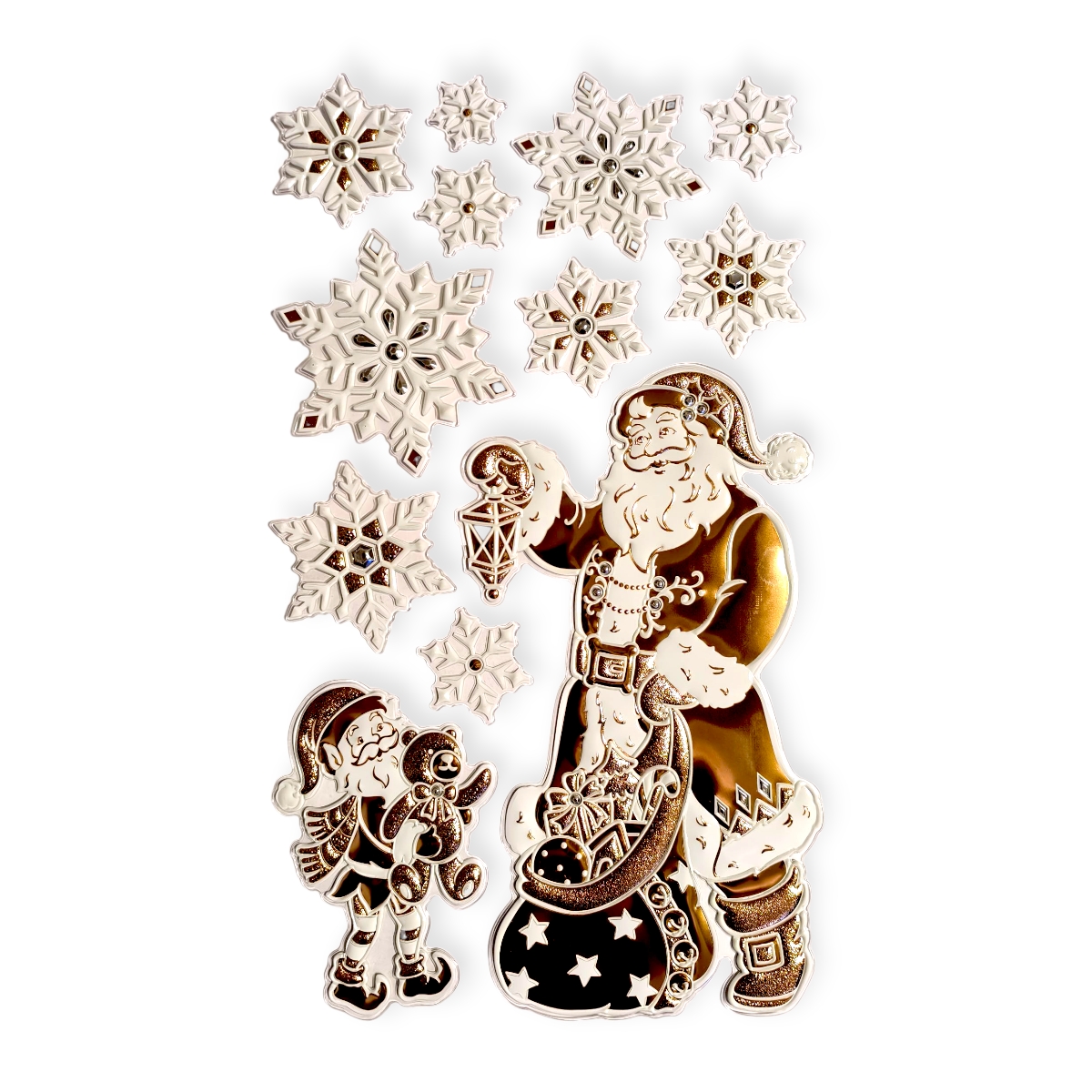 Karácsonyi ablakdekor Mikulás és hópelyhek mintával – bézs-fehér 24×41 cm