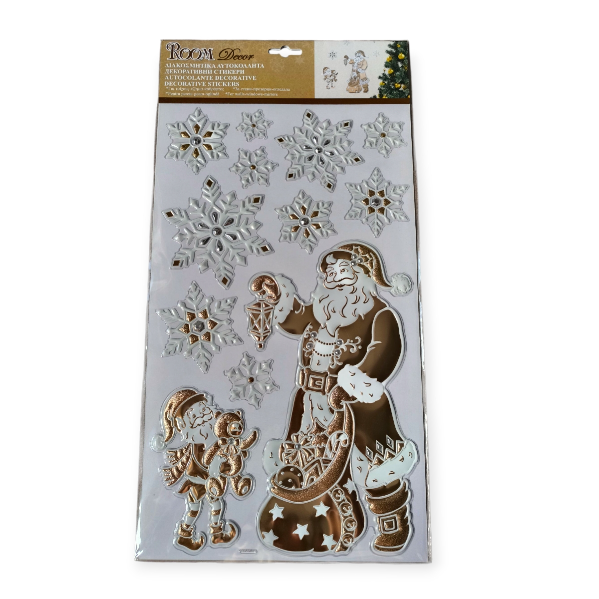 Karácsonyi ablakmatrica Mikulással és hópelyhekkel bézs-fehér csillogó 24x41 cm