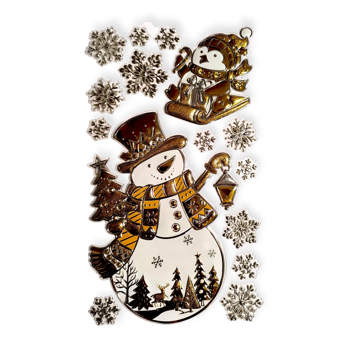 Karácsonyi ablakmatrica hóemberrel és pingvinnel – bézs-pezsgő dekor 24×41 cm