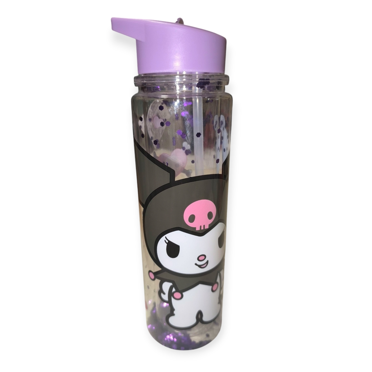 Kuromi kulacs 500 ml – átlátszó duplafalú lila csillámos gyerek vizes palack szívószállal