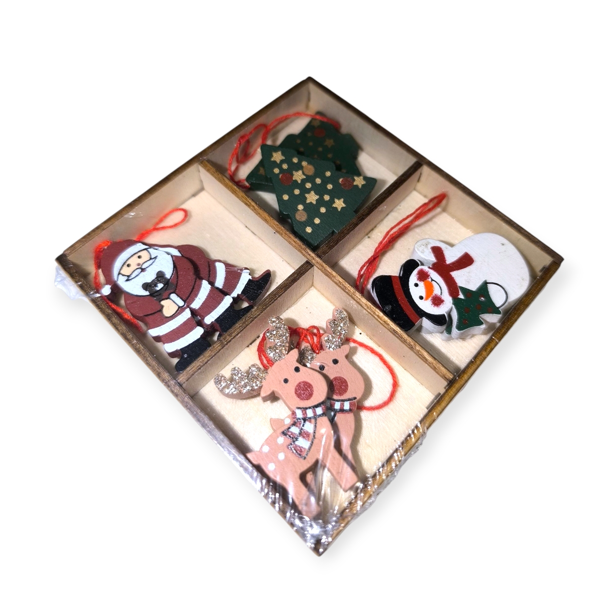 Karácsonyfa díszek – Fából készült figurák 8 db (4 cm)