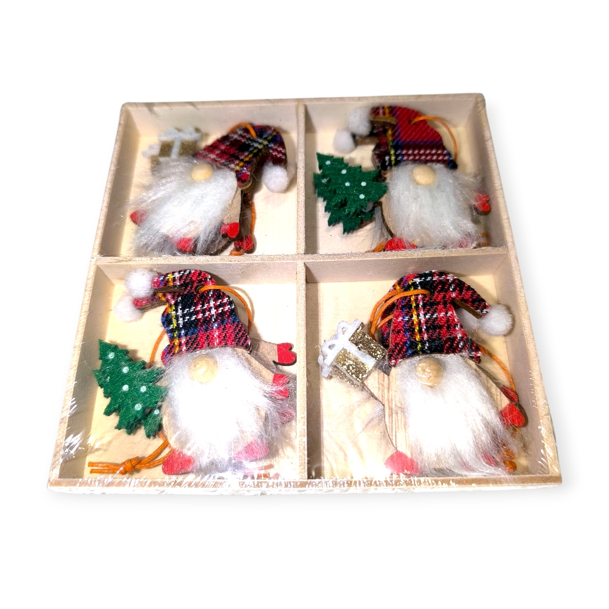 Karácsonyfa díszek – Fából készült piros kockás gnóm figurák (6 cm, 8 db)