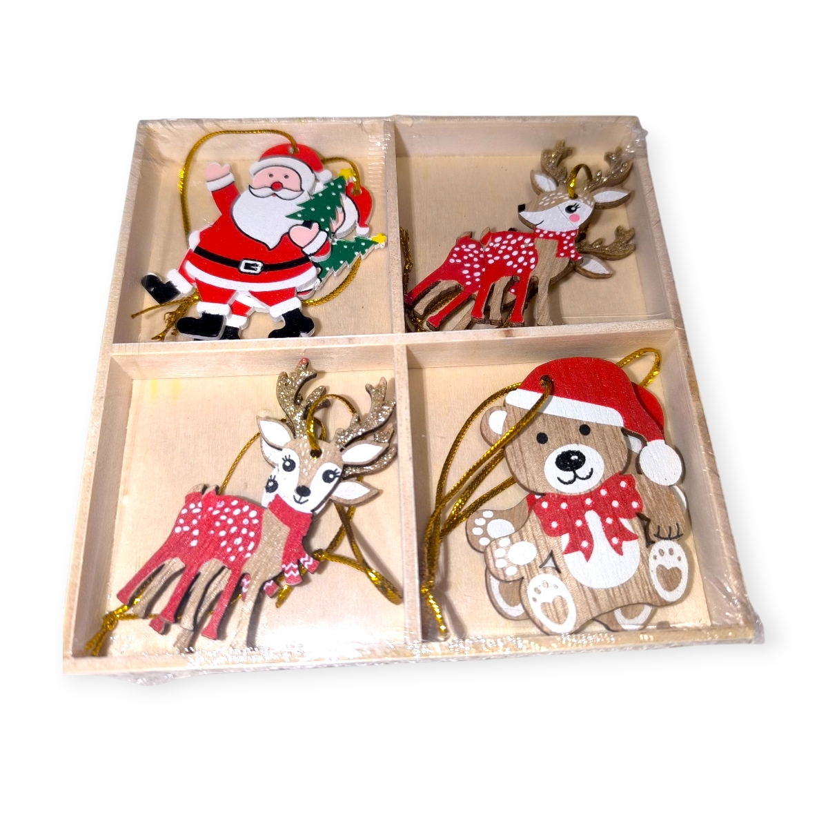 Karácsonyfa díszek – Fából készült csillogó pezsgő figurák (6 cm, 8 db)