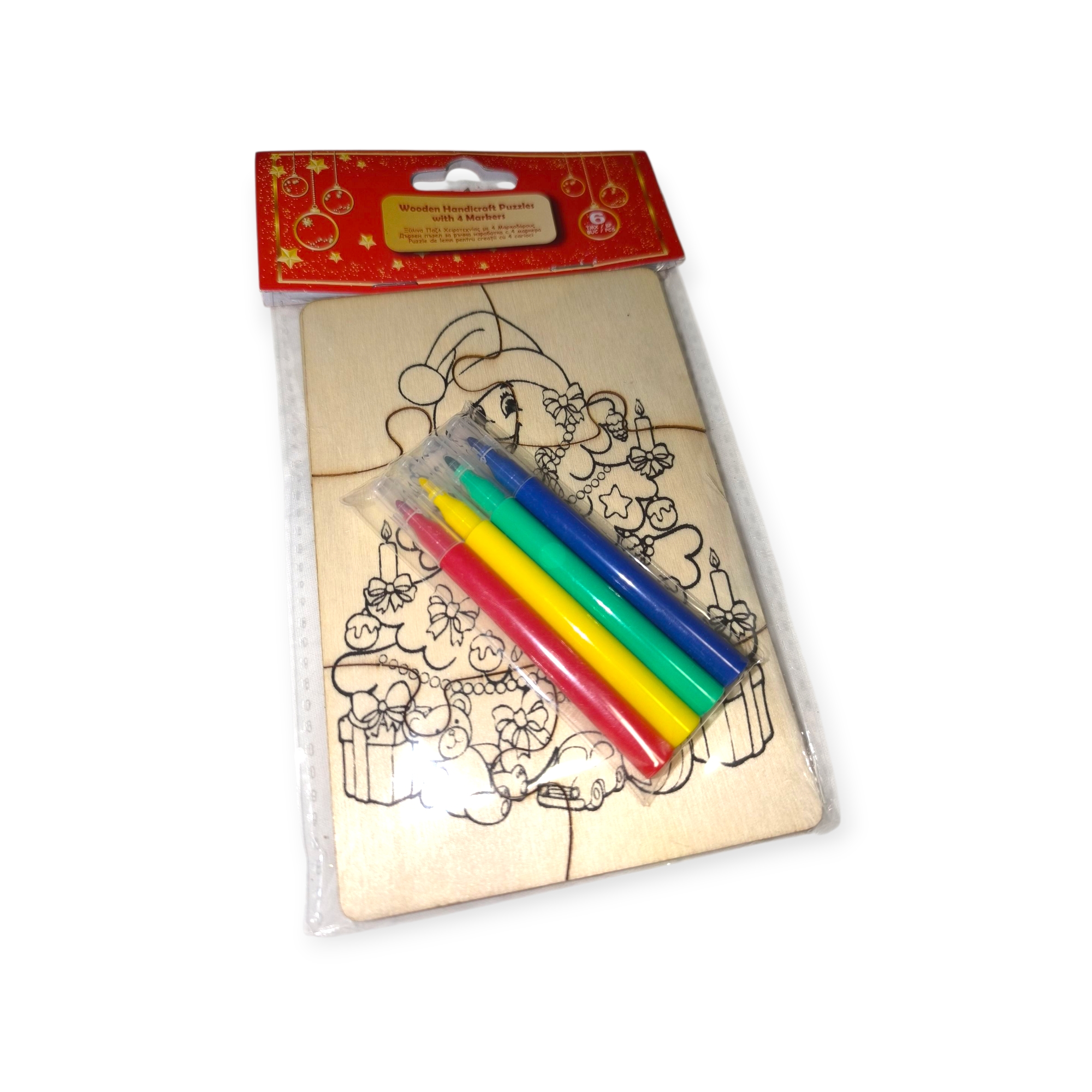 Kreatív fa puzzle karácsonyi szett filctollakkal – 6 db