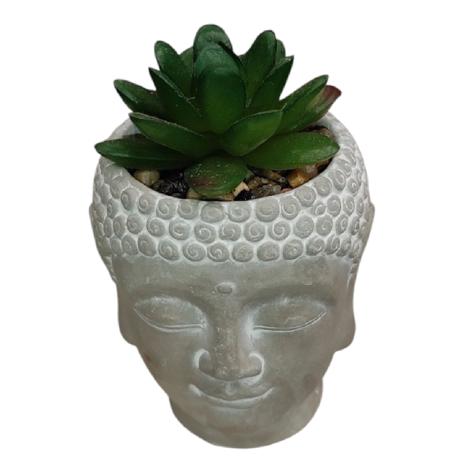 Dekoratív Buddha fej cserép műnövénnyel – 8x8x9,5 cm, stílusos otthoni dísz